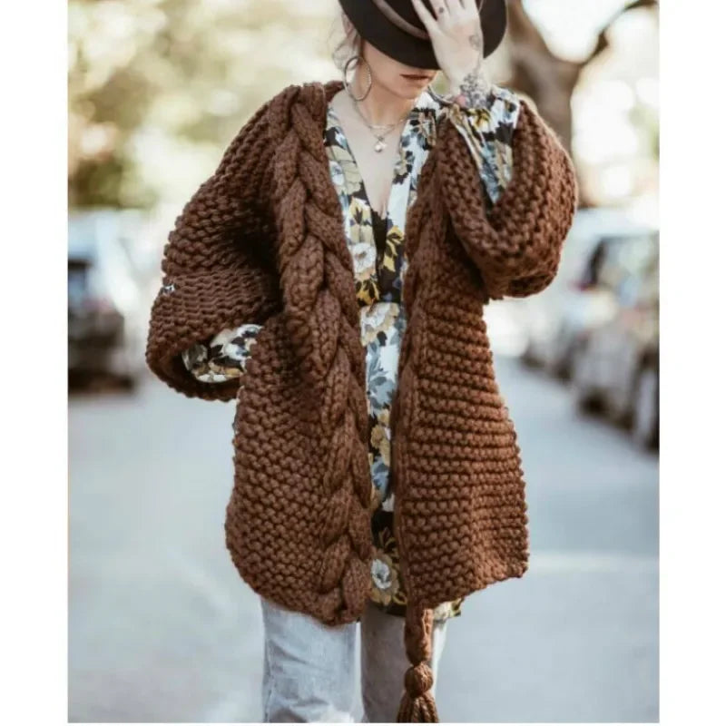 Crocheted Cardigan – Hand-Woven Tassels – Polyester Knit | KIMLUD
