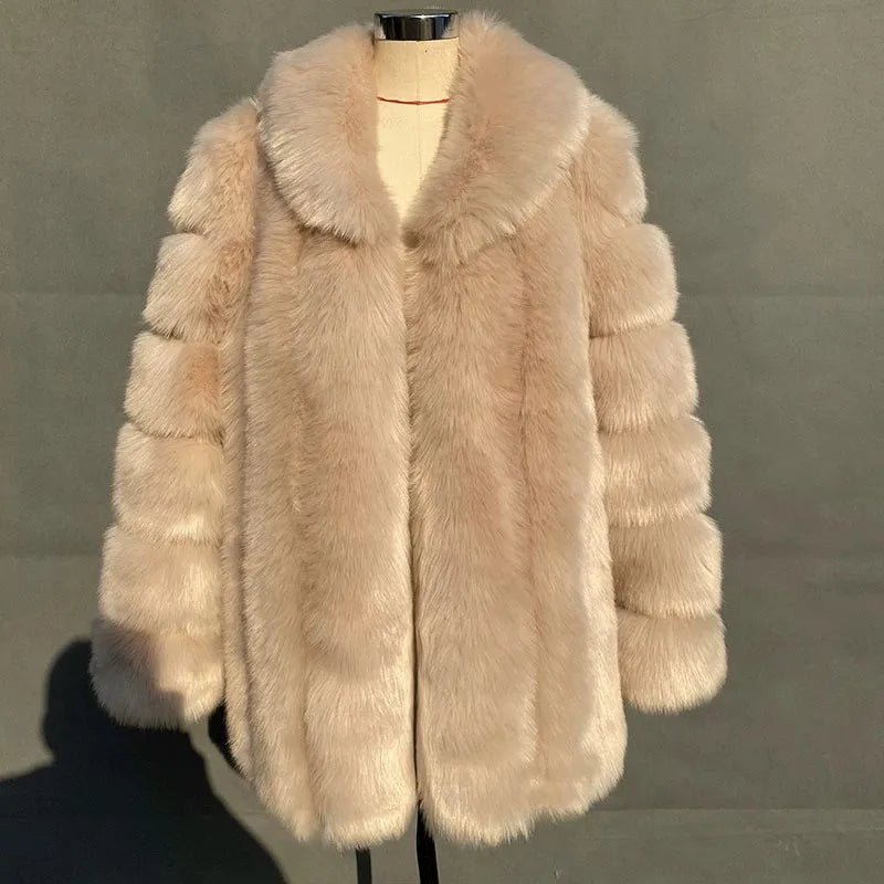 2025 Winter Women's Mid-Length Faux Fox Fur Coat Plush Luxe Warm faux fur Trench Elegant Thermal Outerwear Faux Fur Tops