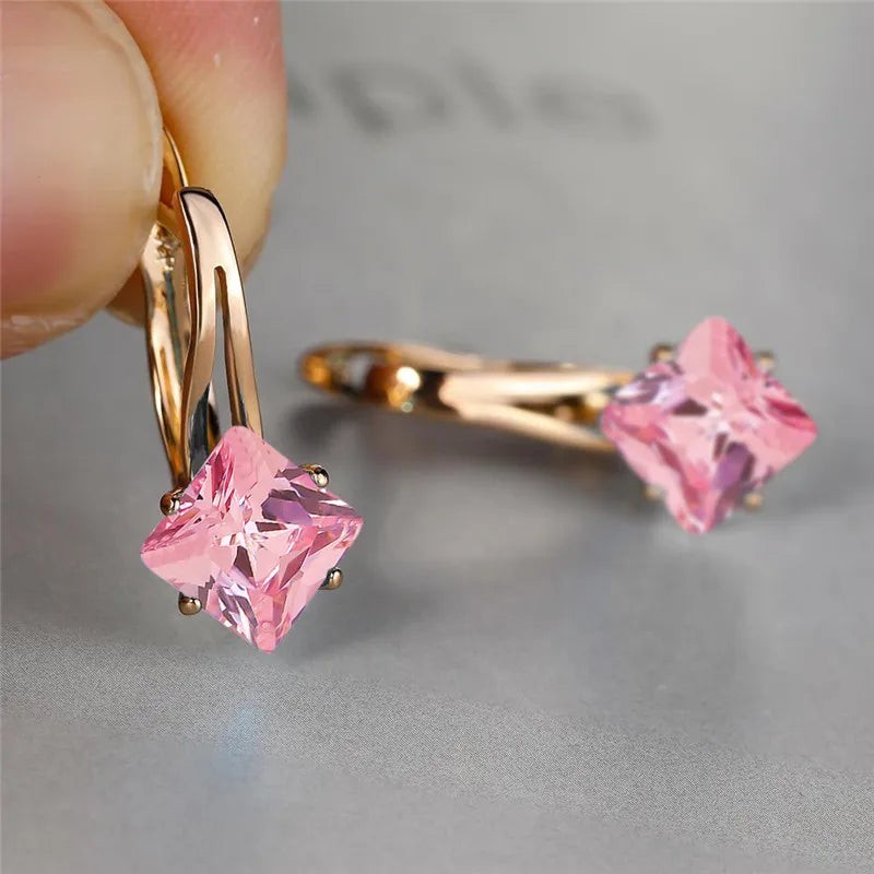 Rose Gold Hoop Earrings Square-Cut Cubic Zirconia — Rose Gold | KIMLUD