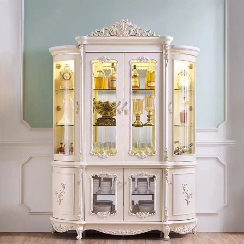 Wooden Wine Cabinet Sideboard With Glass Display — Ivory-White | KIMLUD