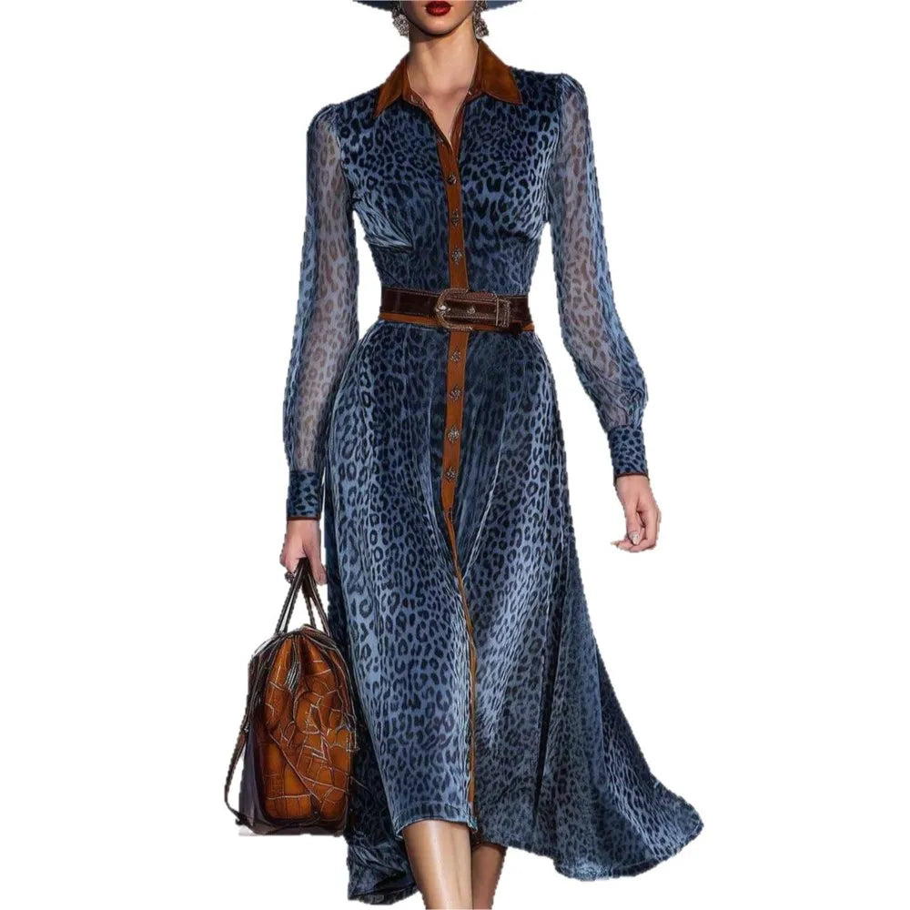 Sleek Polyester Leopard Print Dress — Blue | KIMLUD