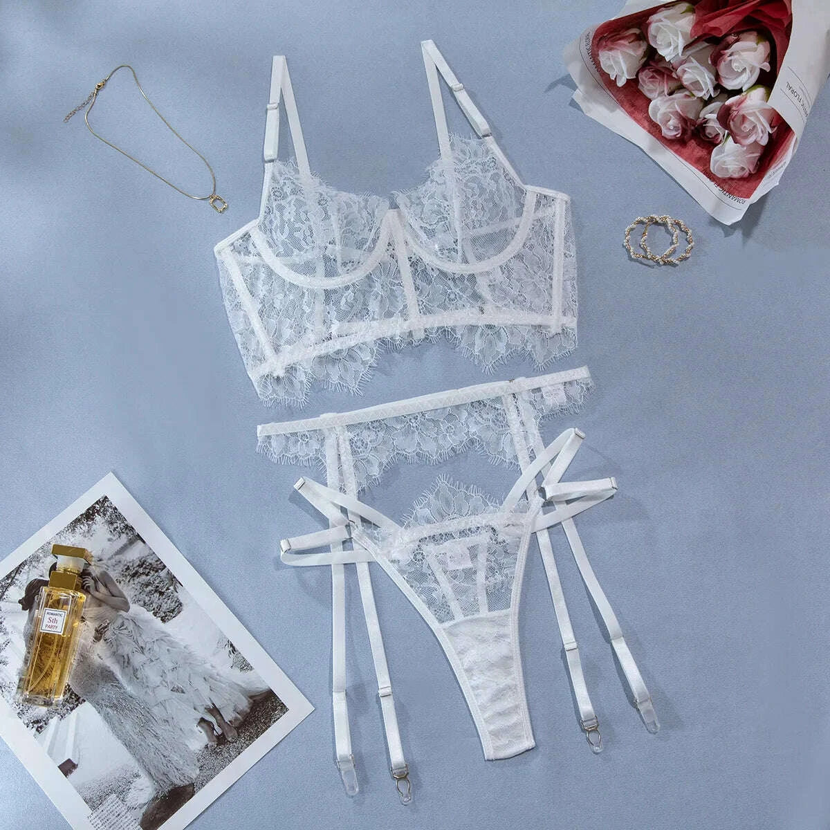 KIMLUD, Sexy Solid Lace Fishbone Lingerie Set Women's Inner Tank Top French Style Perspective Exotic Apparel Suit Underwear Three Pieces, KIMLUD Womens Clothes