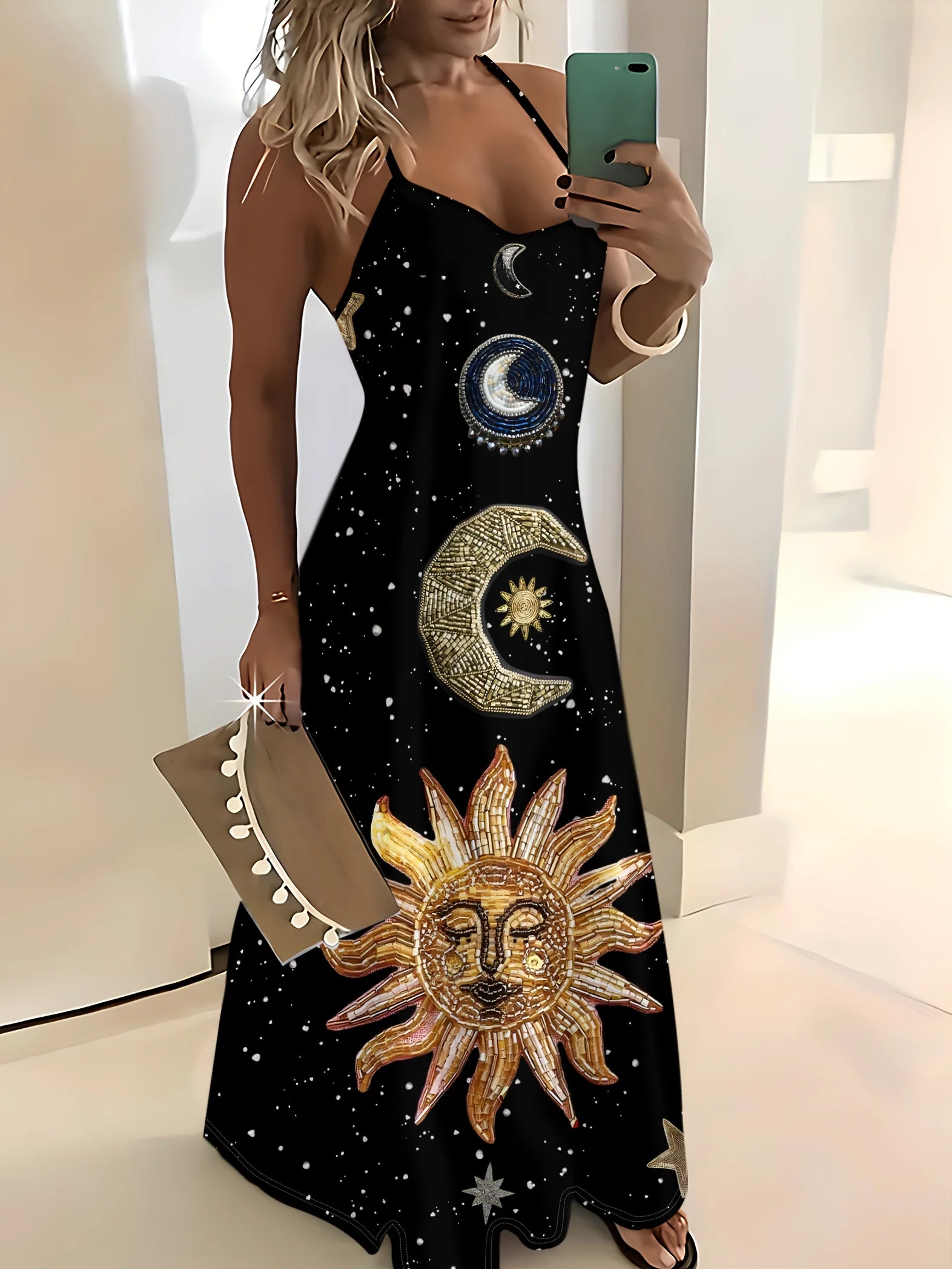 Polyester Slip Maxi Dress Astral Print Round Neck — Multicolor | KIMLUD