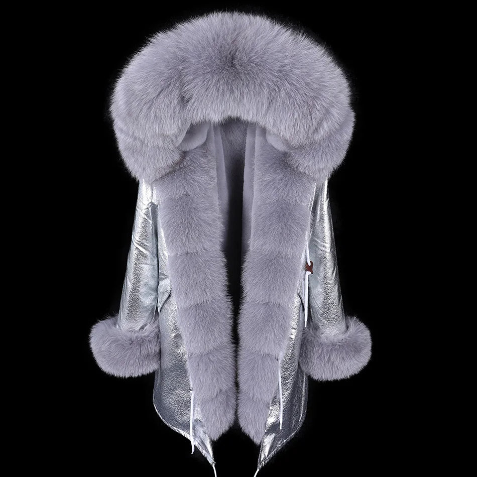 Maomaokong Winter Women Luxur Beige Fur Coat Natural Real Fox Fur Waterproof Jacket Hooded Thick Warm Fashion Long Black Parkas