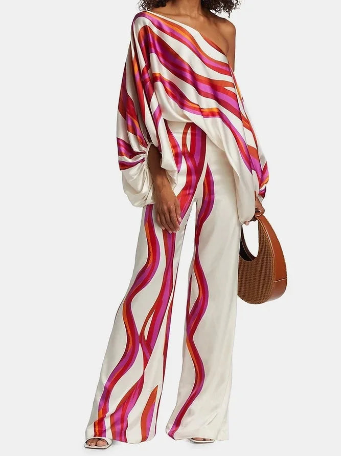 Satin Print Pajama Set Off-Shoulder Slash-Neck Top Long Pants — White | KIMLUD