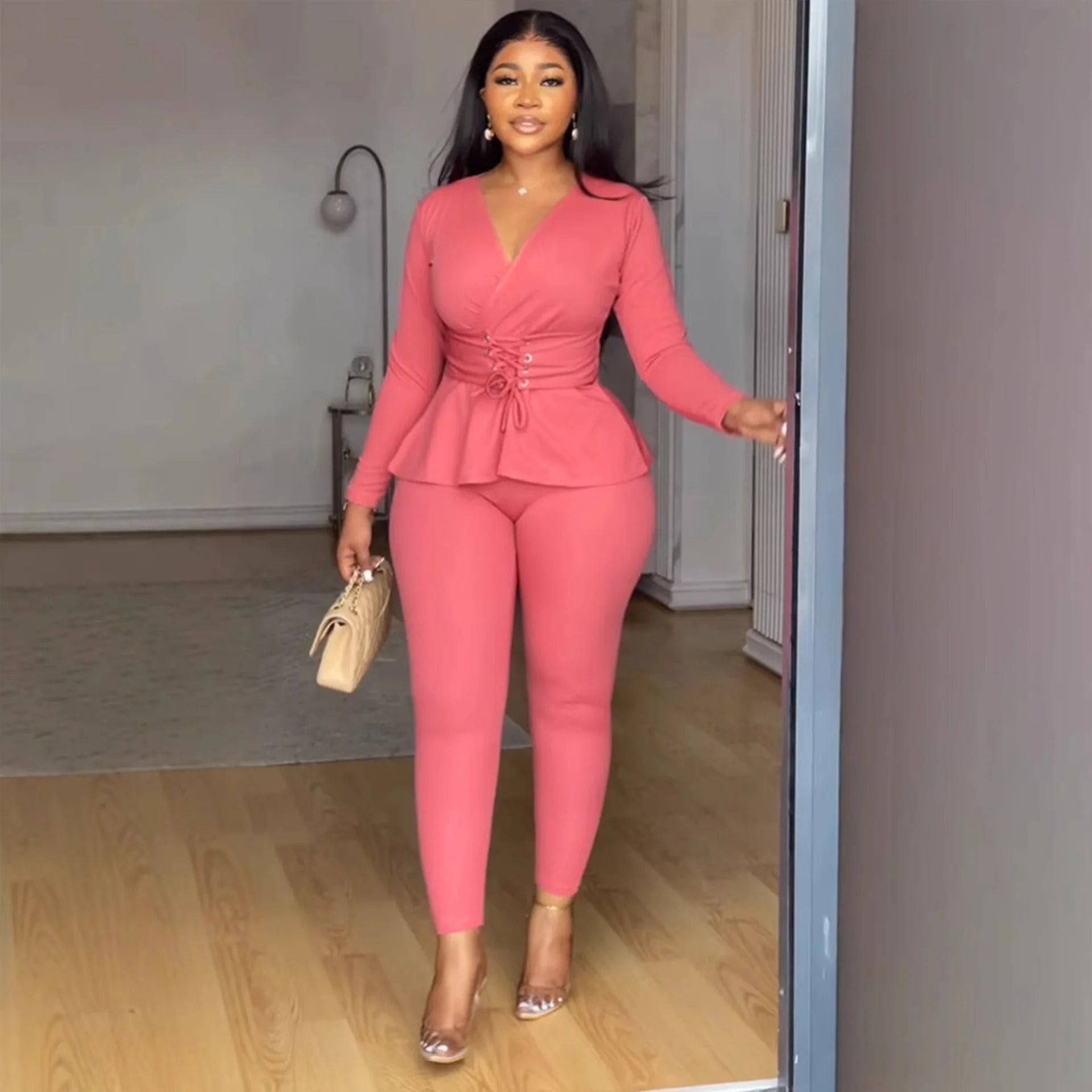 KIMLUD, Pant Set Women Two Piece Sets V Neck Elegnt Work Solid Casual Slim Fit High Waist Tops Matching Sets Long Pants Slim Fit 2025, KIMLUD Womens Clothes