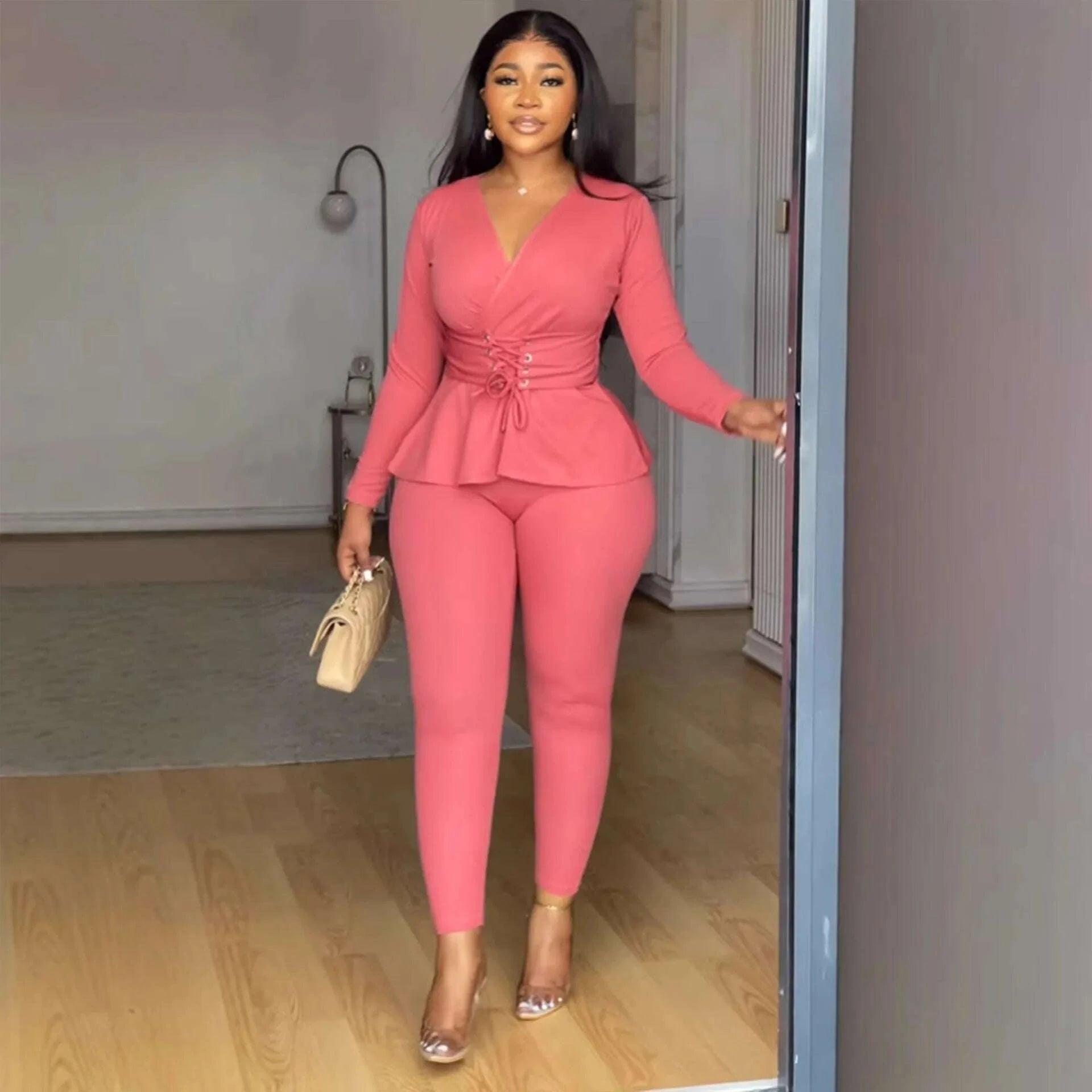 KIMLUD, Pant Set Women Two Piece Sets V Neck Elegnt Work Solid Casual Slim Fit High Waist Tops Matching Sets Long Pants Slim Fit 2025, KIMLUD Womens Clothes