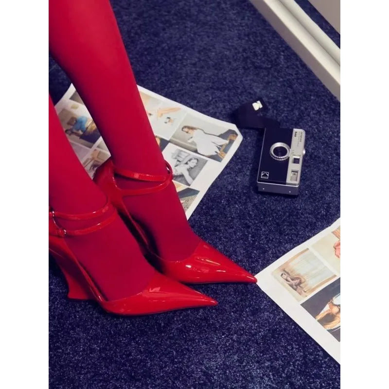 Wedge Pumps Mary Jane Buckle Strap — Red Cherry | KIMLUD