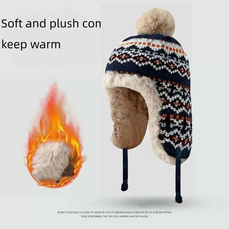 KIMLUD, Winter thick Lei Feng hat, winter warm and cold ear hanging hat, ethnic style knitted hat, KIMLUD Womens Clothes