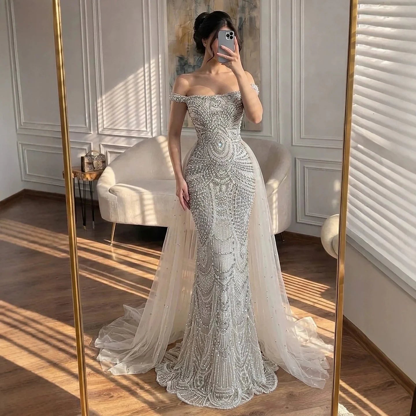 Beaded Crystal Mermaid Dress — Silvery Nude | KIMLUD