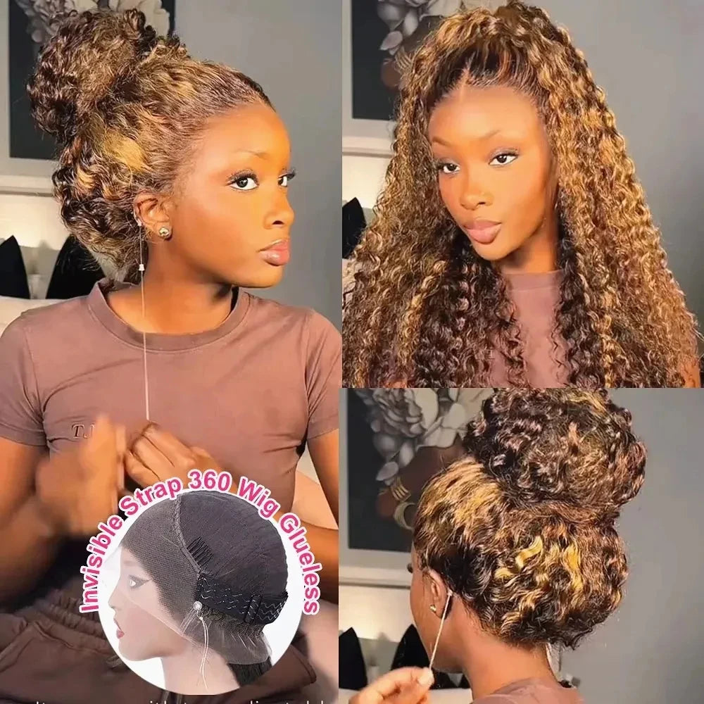 360 Lace Front Wig – Deep Wave Highlight – Human Hair – Honey Blonde | KIMLUD