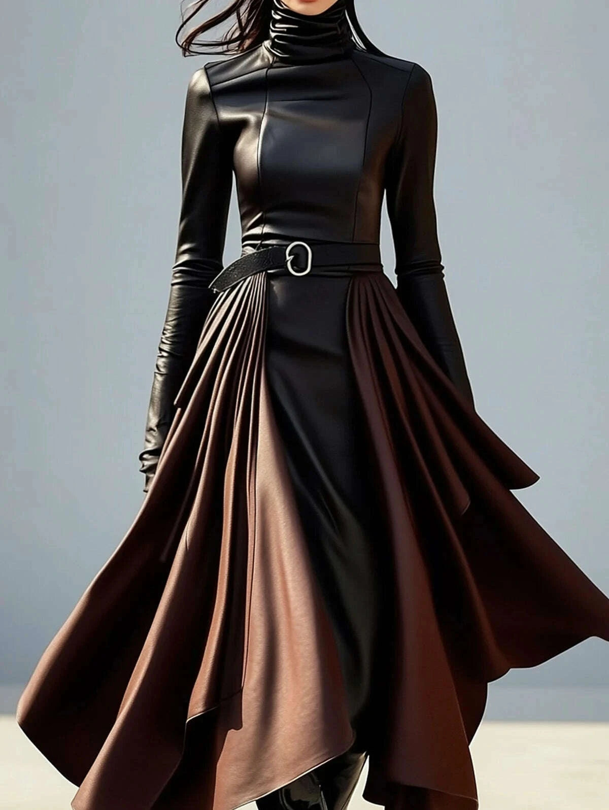 KIMLUD, New Style One Piece Dress High Neck Irregular Hem Belt Faux PU Leather Midi Dress Women Slim Fit High-End Fashion Party Wear, KIMLUD Womens Clothes