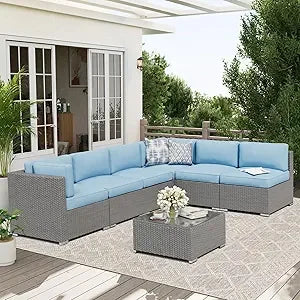 Rattan Outdoor Sofa Set 7-Piece With Glass Top Table — Red | KIMLUD