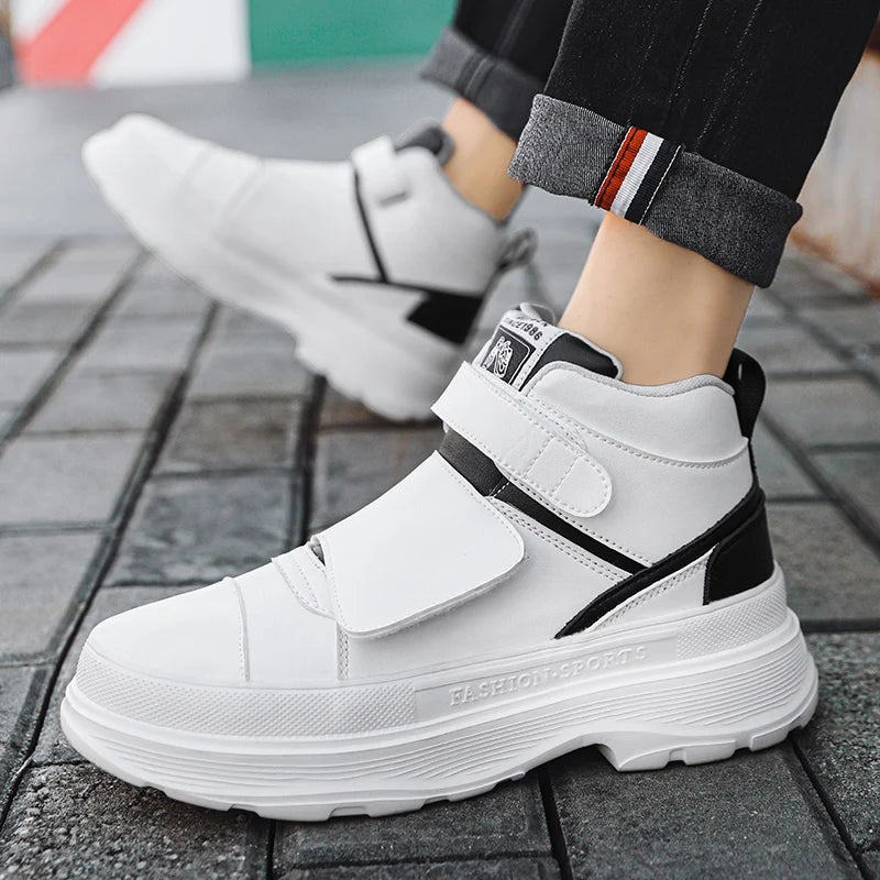 Autumn Men Casual Sneakers Leather Chunky Platform High-top Shoes Ankle Boots Magic Tape Sneakers Male Breathable Sport Shoes 44