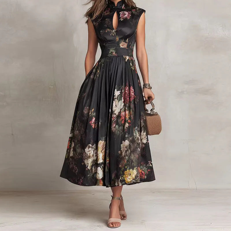 Satin A-Line Midi Dress Empire Waist Knife-Pleated Skirt — Black | KIMLUD