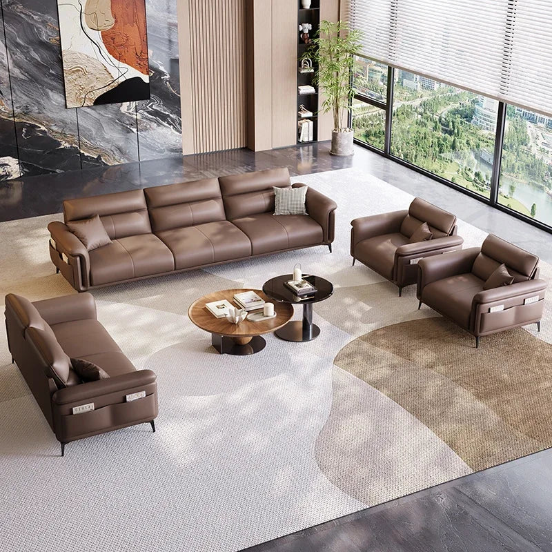 Leather Sofa Modern Nordic Minimalist Recliner — Brown | KIMLUD