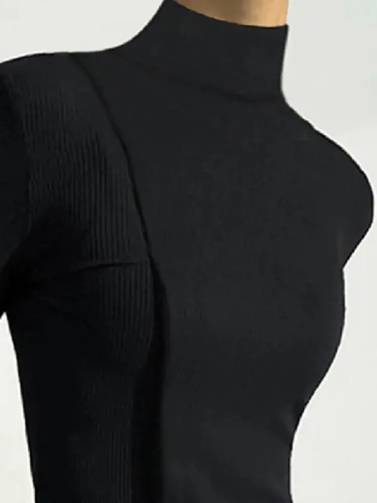 Long Sleeve T-Shirt – High Neck Slim Fit – Blended Fabric – Black | KIMLUD