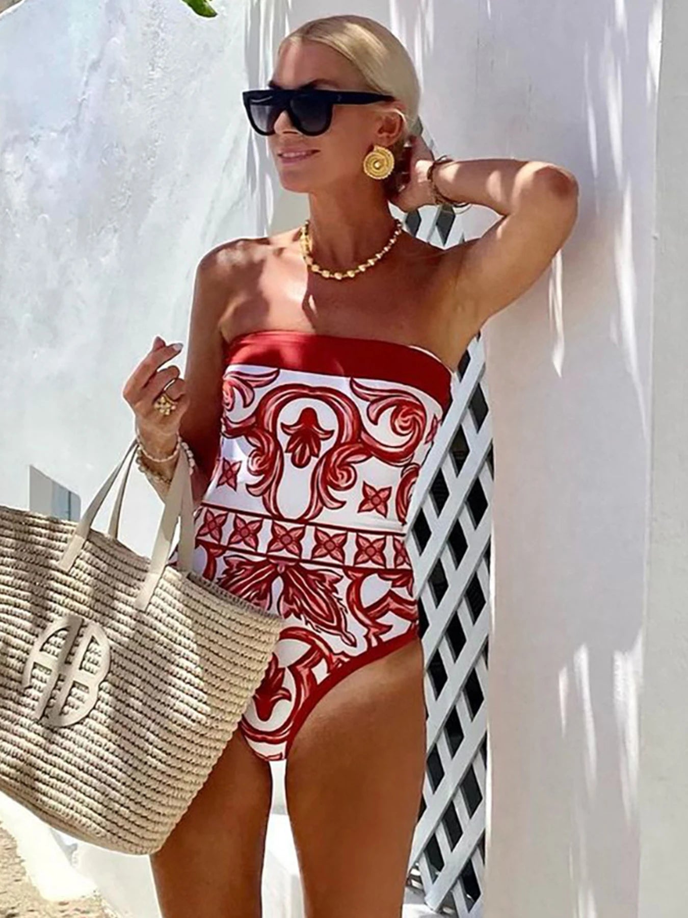 Ethnic Print High Waist One Piece Swimsuit — Red | KIMLUD