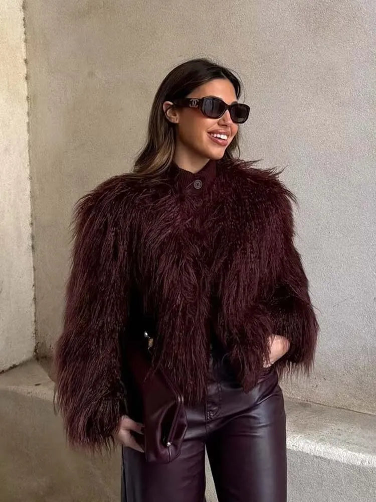 Faux Fur Knitted Short Coats Autumn And Winter Women Fashion O-Neck Jackets 2025 Elegant Office Ladies Casual Outerwear 