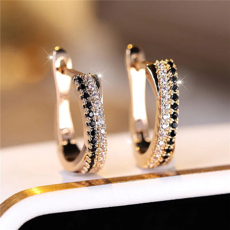 Gold-Tone Zircon Clip Earrings Geometric Arc With Black And White Stones — Gold | KIMLUD