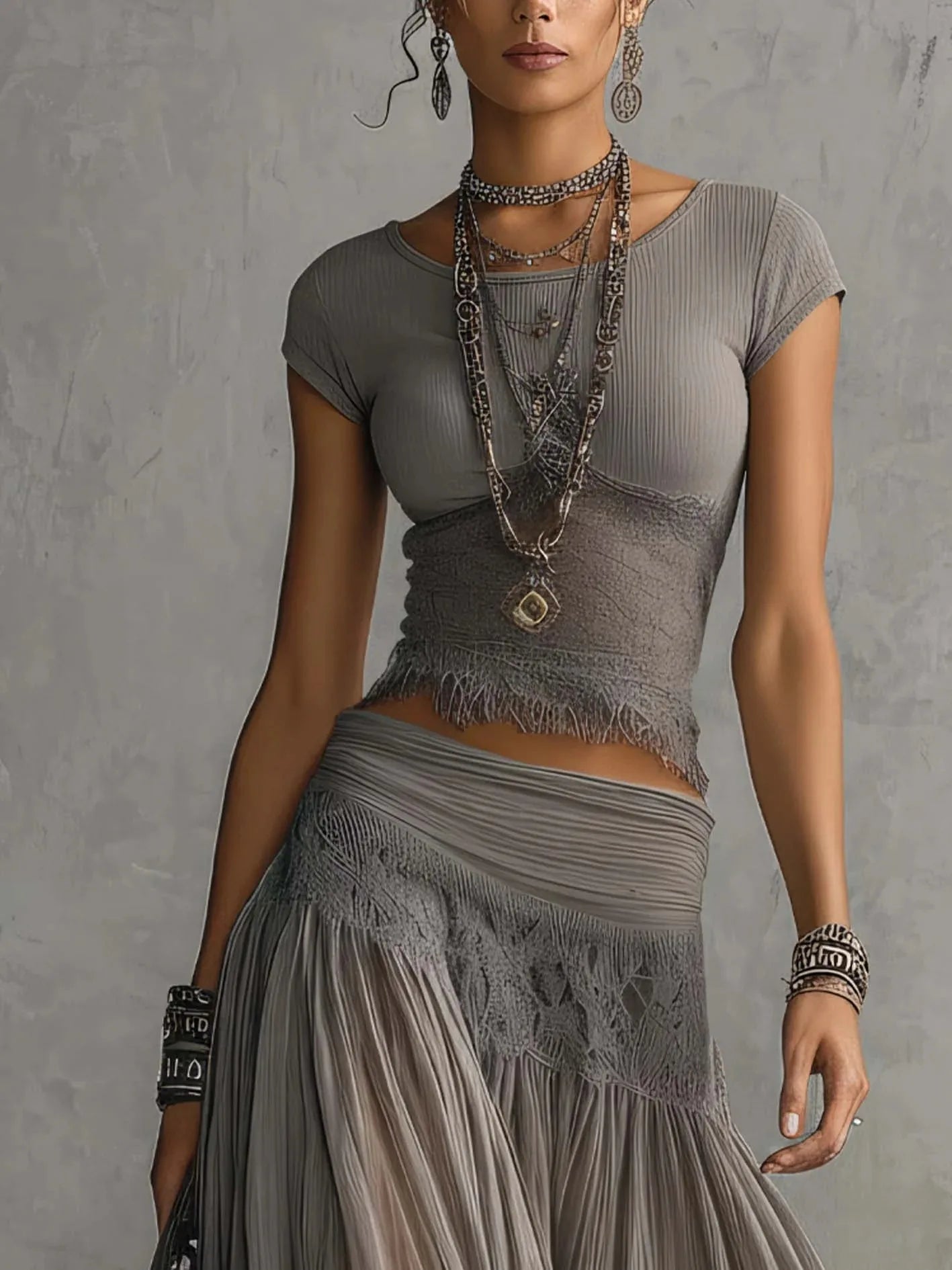 Lace-Spliced Maxi Two-Piece Set Slim-Fit Top And High-Waisted Skirt — Slate Gray | KIMLUD