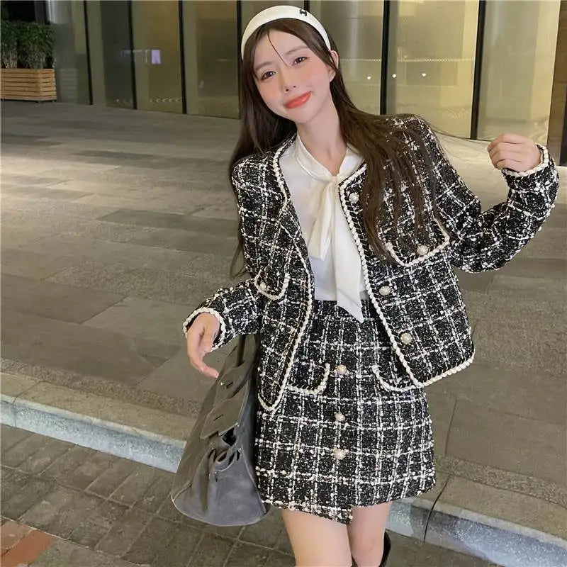 KIMLUD, Formal Chic Houndstooth Plaid Set Skirt Women Spring Autumn New Fashion Loose Single-Breasted Plaid Jacket+Skirt Two-Piece Suit, KIMLUD Womens Clothes