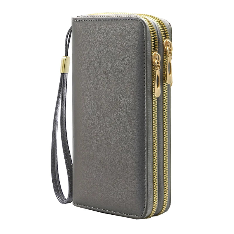 PU Leather RFID Anti-Theft Long Wallet Dual Zippers — Black | KIMLUD