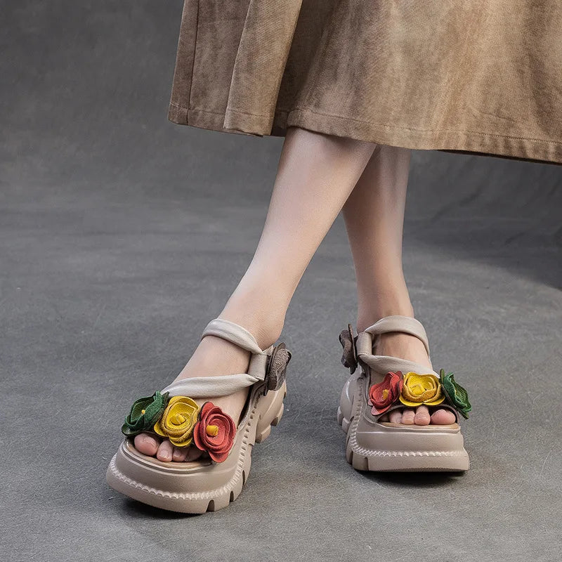 Koznoy 7cm Cow Genuine Leather Platform Wedge Women Summer Flower Slippers Pumps Hook Hollow Mary Jane Sandals Shoes Flats