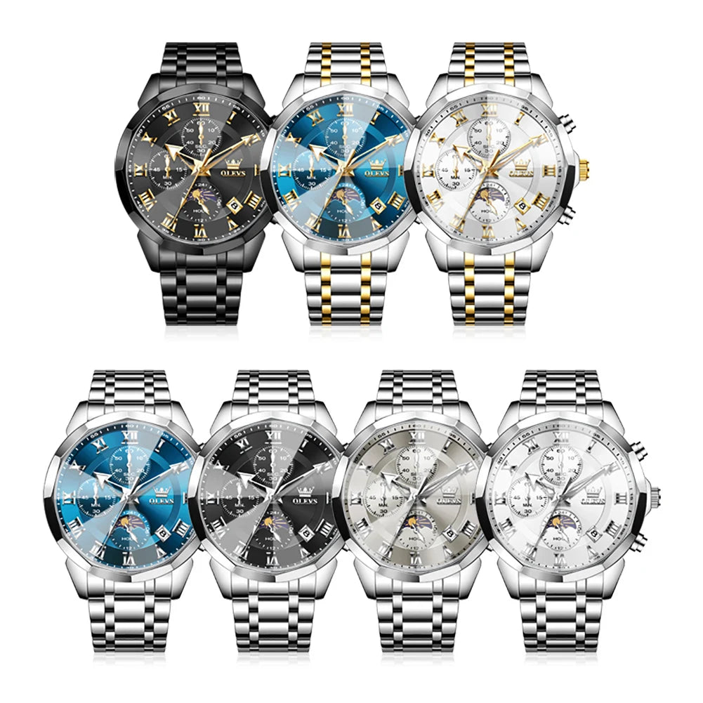 OLEVS 3675 Mens Watch Original Business Brand Quartz Watch Multifunctional Chronograph Waterproof Moon Phase Watch For Man New