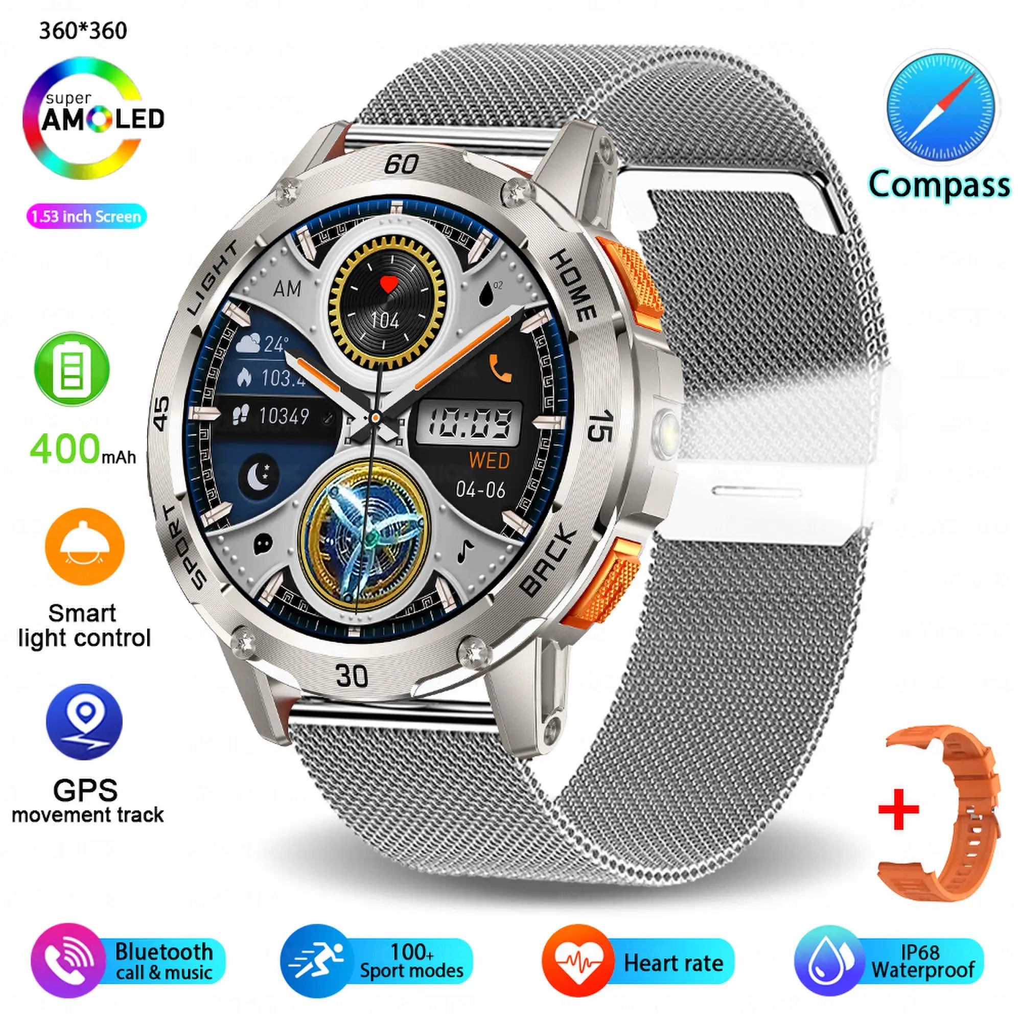 Outdoor Sport Smart Watch Men Compass 400mAh Battery Flashlight Health Monitoring Waterproof Bluetooth Call Smartwatch 2025 New