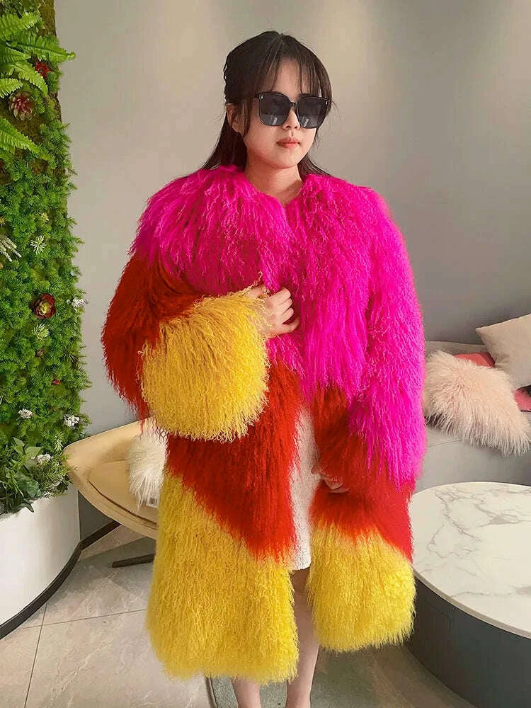 KIMLUD, Long Mongolian Real Fur Coat For Women Elegant Fluffy Solid Thicken Warm Long Sleeves Coats Winter Chic Long Style, KIMLUD Womens Clothes