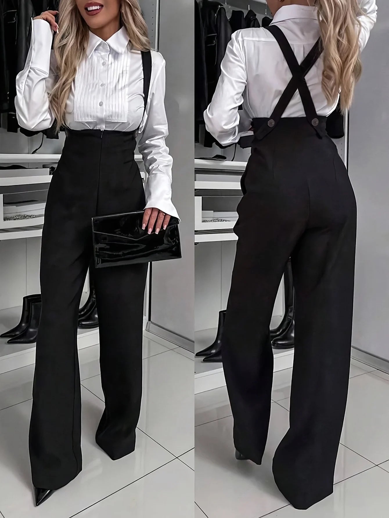 Cross-Back Strap Polyester Solid Jumpsuit — Black | KIMLUD