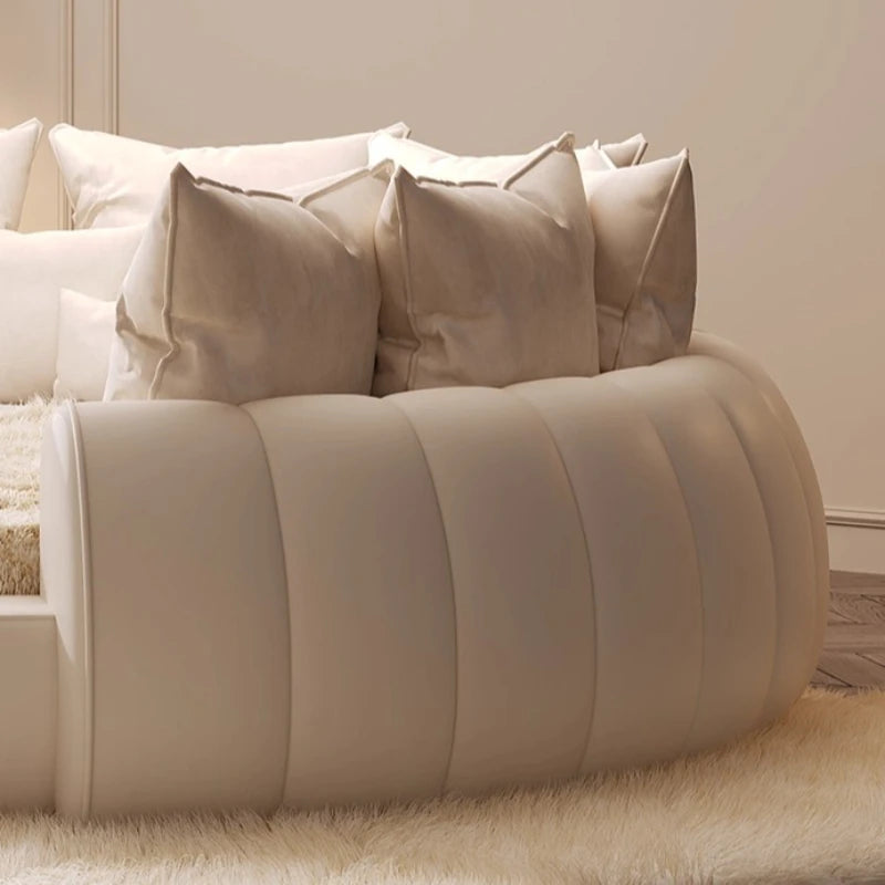 Leather Round Bed Queen Size, Modern Minimalist European Style, Pearlescent Leather Finish — Black | KIMLUD