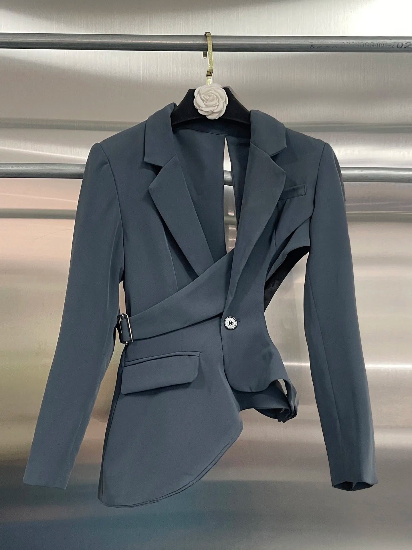 Polyester Cotton Solid Asymmetrical Blazer — Black | KIMLUD