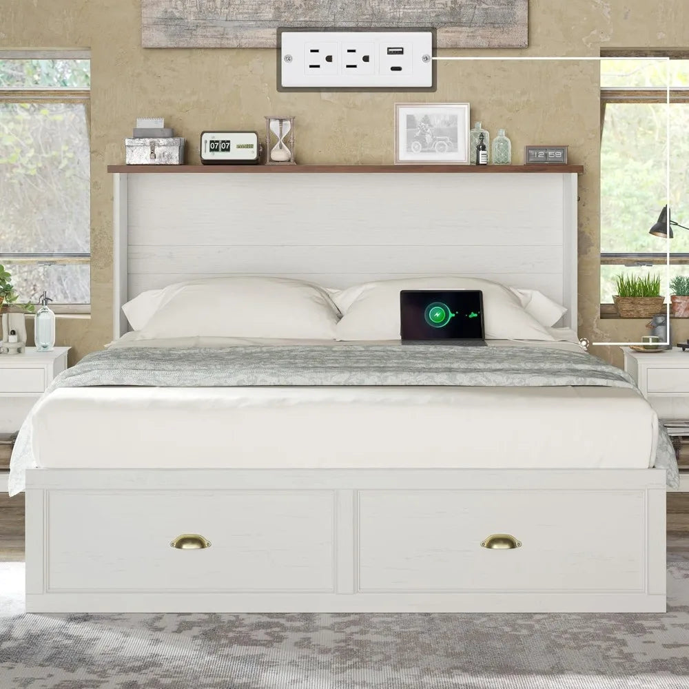 Queen Size Murphy Bed, Farmhouse Wooden Cabinet with Charging Station and Storage Drawer for Bedroom/Office/Guest Room,