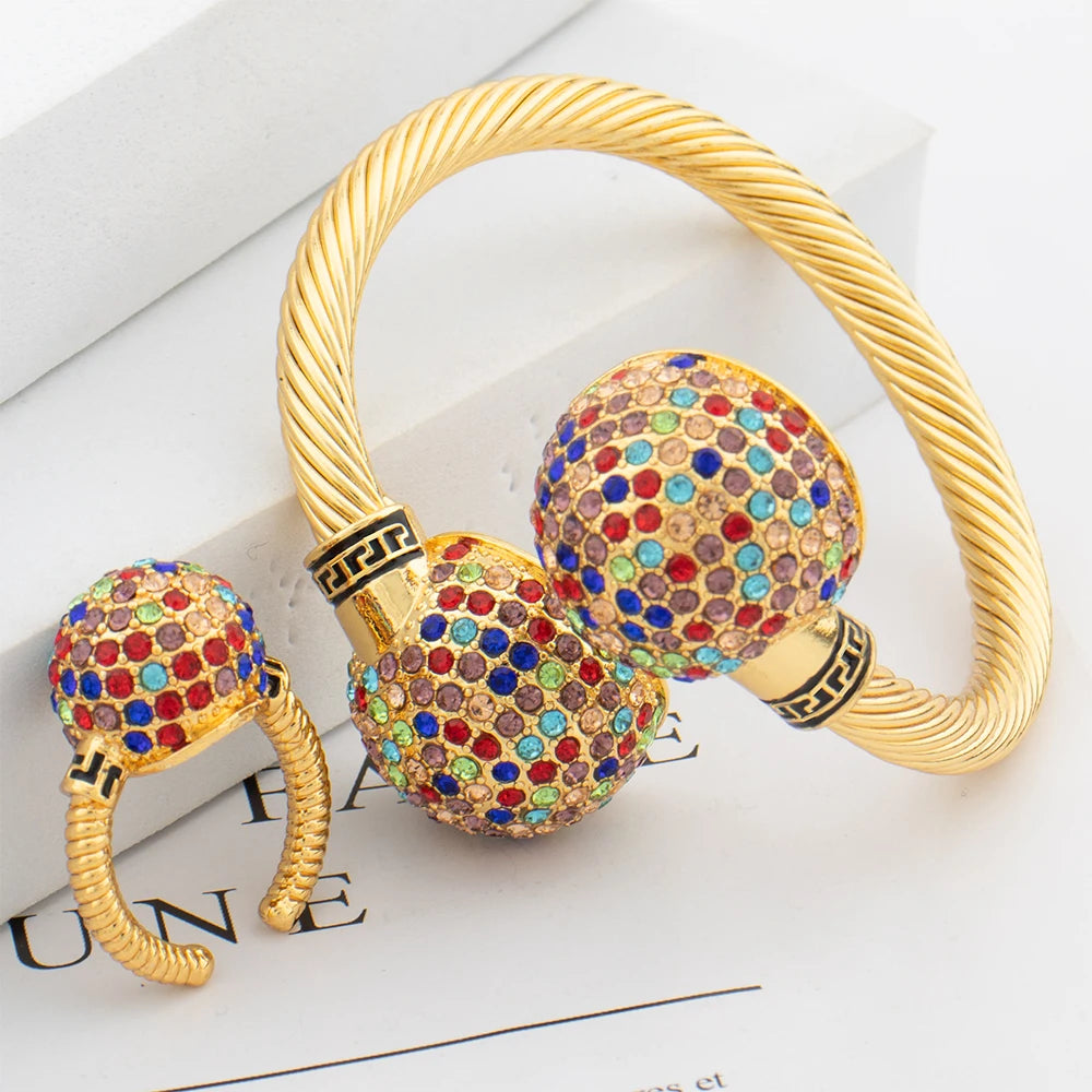 Gold Plated Jewelry Set Cuff Bangle Ring — Golden | KIMLUD