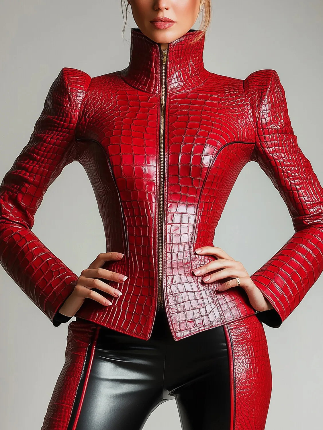 Fashion Women Alligator Pattern High Neck Long Sleeve Blouse Vintage Zipper Leather PU Tops High Street Streetwear Jacket