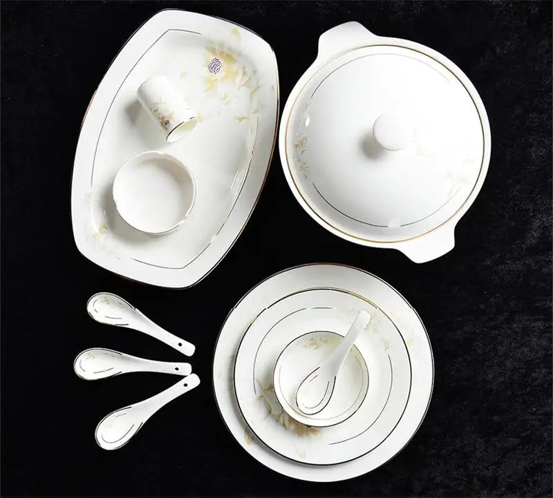 Bone China Dinnerware Set 46-Piece Gold Rim — Ivory White | KIMLUD