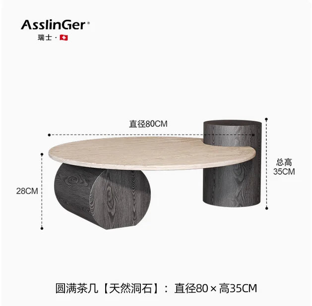Nordic Minimalist Travertine Side Table Round Top With Solid Wood Pedestal — Beige | KIMLUD