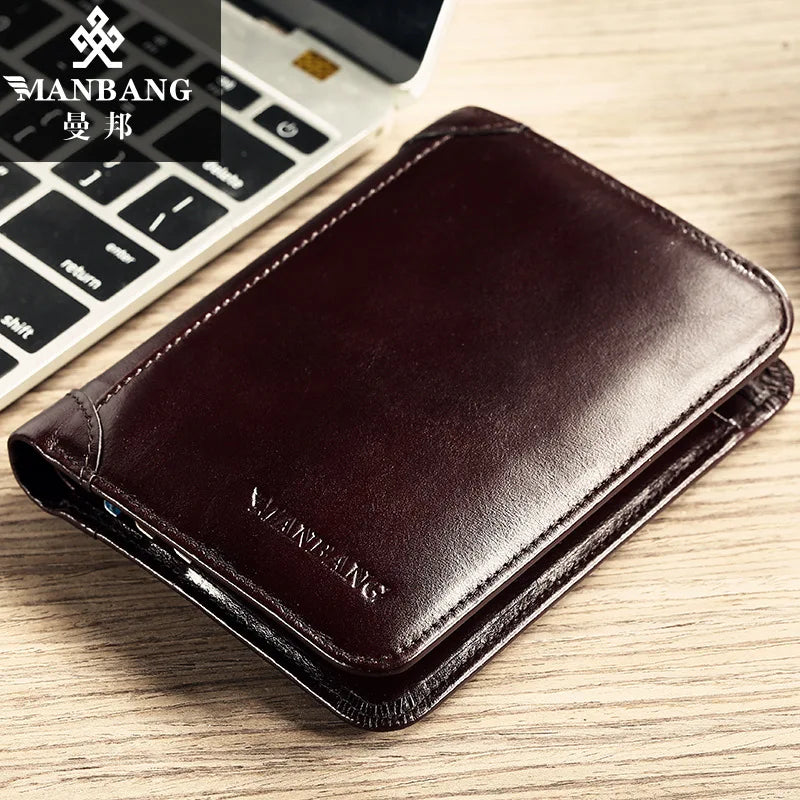 ManBang Luxury Men Wallet Genuine Cow Leather Male RFID Trifold Short Purse For Men with ID Window and Credit Card Holder