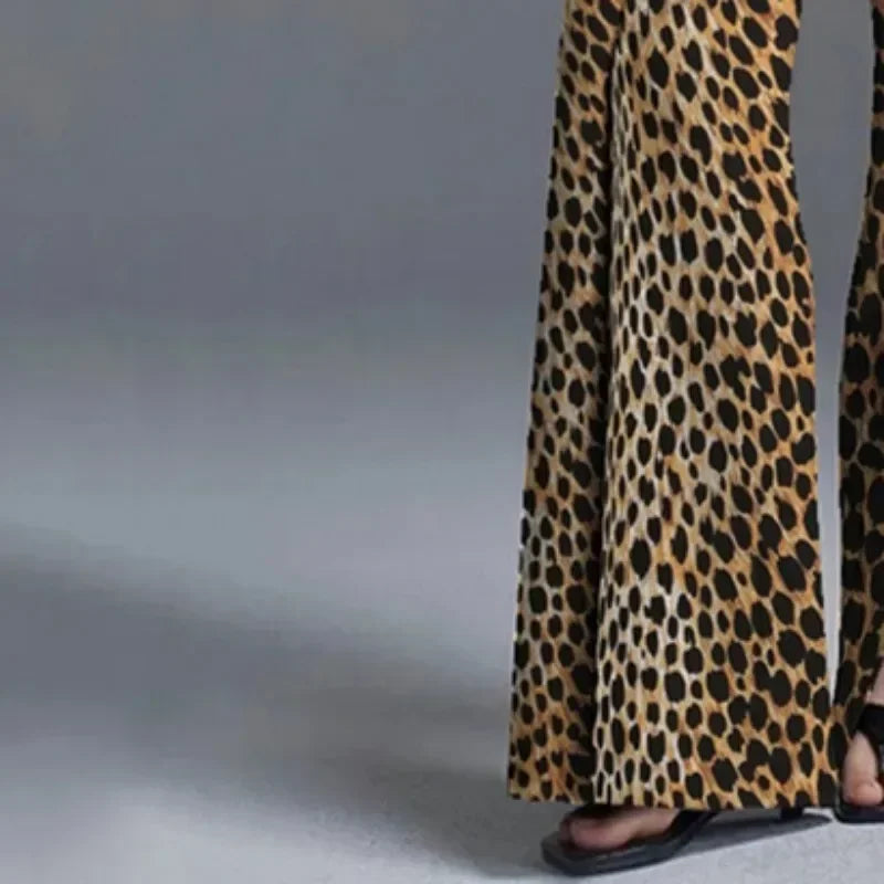 UOOZEE Women High Street Leopard Printed Pants 2025 New Arrivals Casual Loose Split-Front High-Waist Wide Leg Trousers Bottoms