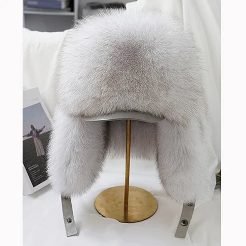 Fashion Winter Men's 100% Real Silver Fox Fur Bomber Hat Raccoon Fur Ushanka Cap Trapper Russian Man Ski Hats Caps Real Leather