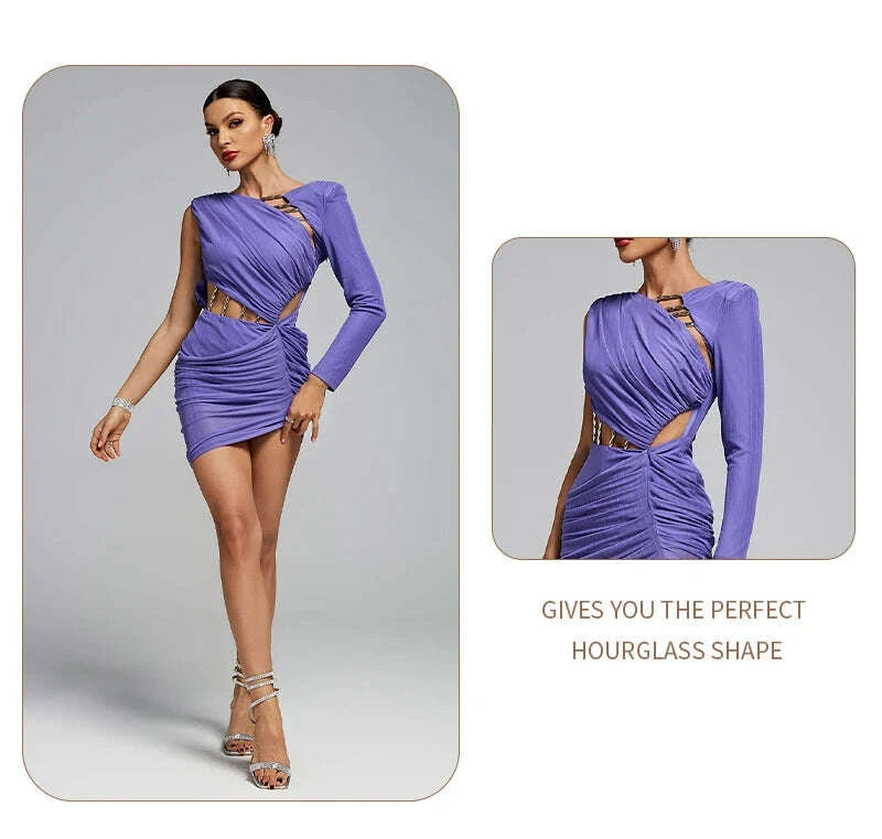 KIMLUD, VC Party Glamour Purple One-Shoulder Cutout Chain Mini Dress for Summer Fashion Gala Gown, KIMLUD Womens Clothes