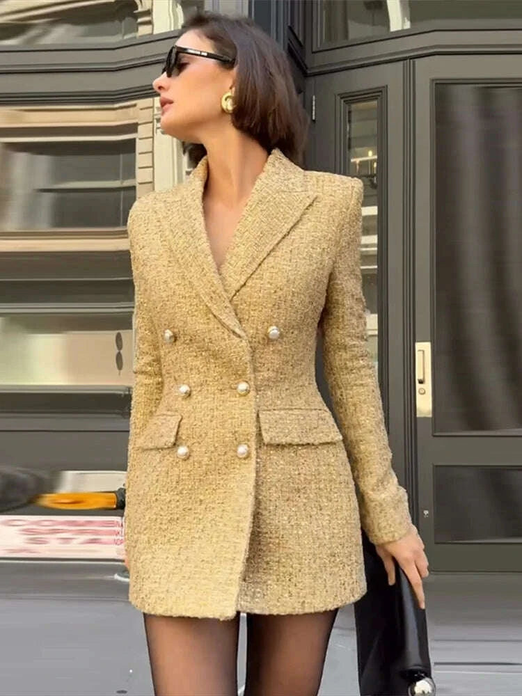 KIMLUD, Elegant V-neck Sequin Blazer Women Double Breasted Full Sleeves Solid Slim Jackets Lady 2025 Autumn Formal Female Outwears New, KIMLUD Womens Clothes