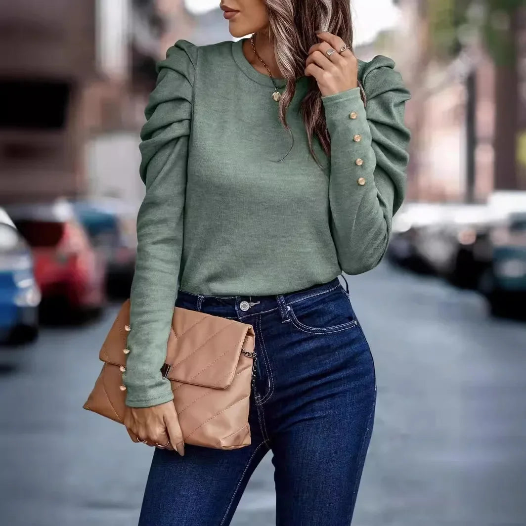 Long Sleeve Blouse – O-Neck Puff Sleeve – Knit – Solid Office Top | KIMLUD