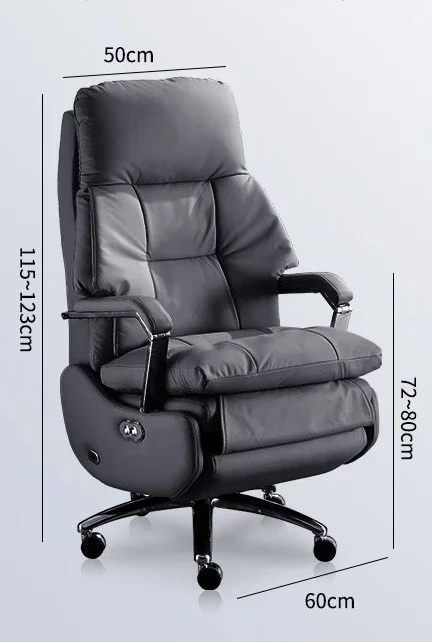 Gray massage office chair with features and dimensions on a white background