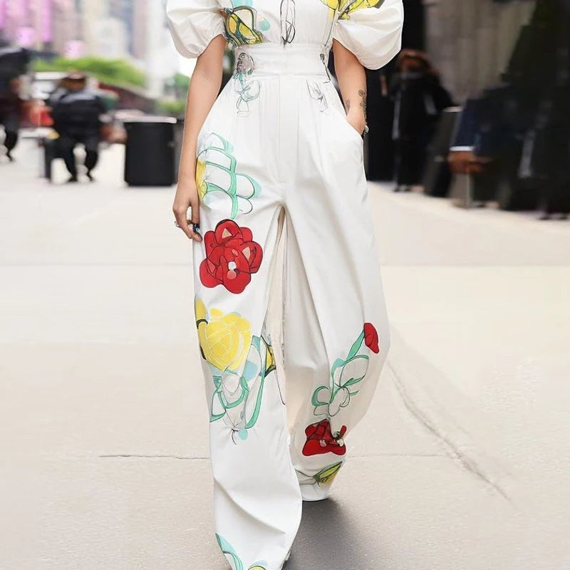 Krisstargirl Summer Outfit 2 Piece Set for Woman 2025 New Flower Print Blouses Top and Pleated Wide Leg Pants Sets Woman Clothes