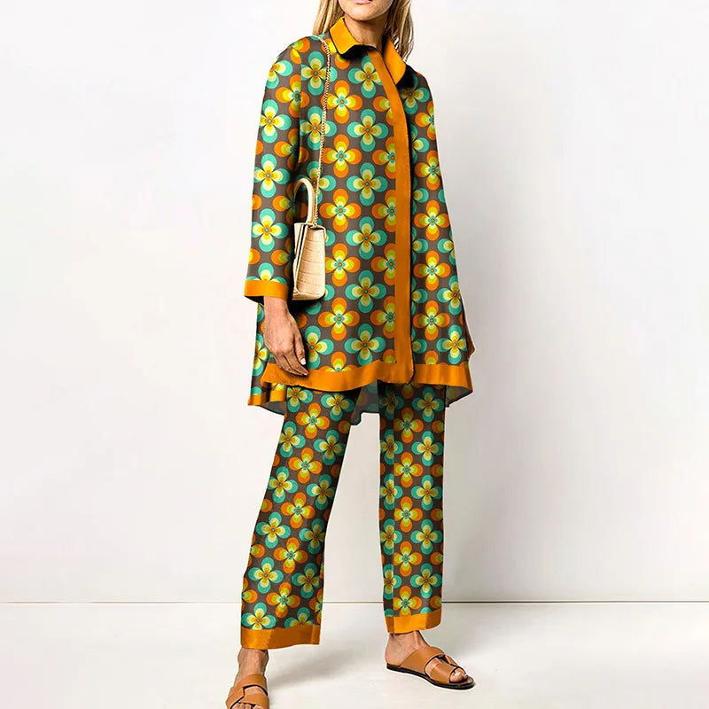 Two-Piece Set – Printed Autumn Vintage – Broadcloth – Wide-Leg Pants | KIMLUD
