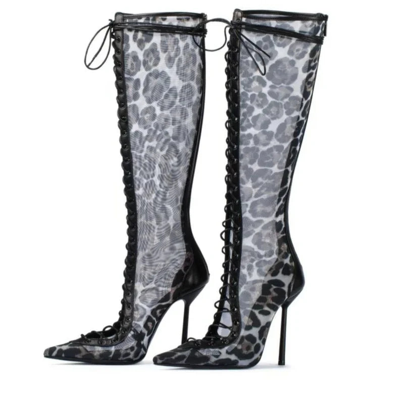 Mesh Leopard Cross Tie Knee-High Boots — Gray | KIMLUD
