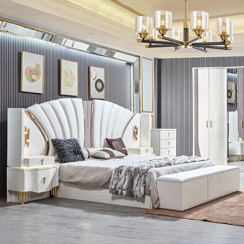 A Royal Luxury Gold Wood Frame Double King Size Bed Set Home Villa Classic Modern Design Wooden Full Bedroom Sets Furniture